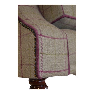 Queen Anne Wing Back Cottage Fireside Chair Bamburgh Brown and Purple Check with matching Footstool image 3