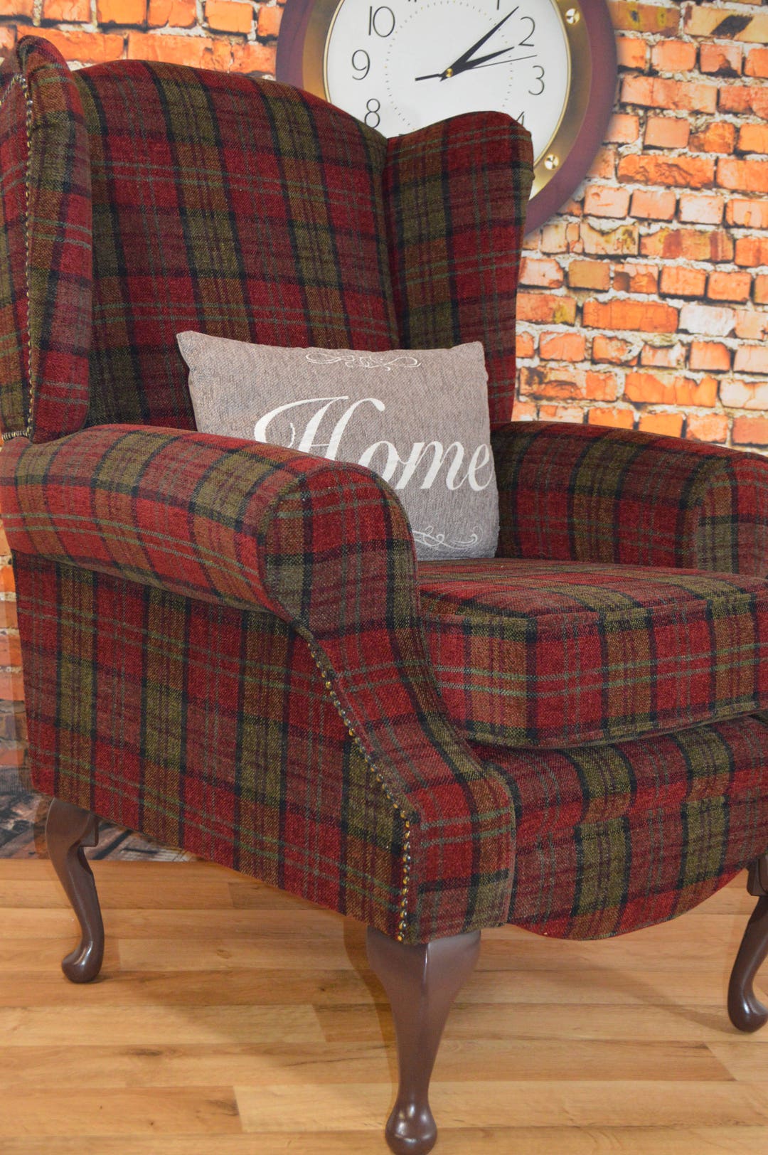 Queen Anne Wing Back Cottage Fireside Chair in Red Lana Tartan Check