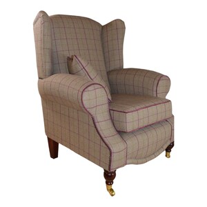 Queen Anne Wing Back Cottage Fireside Chair Bamburgh Brown and Purple Check with matching Footstool image 2