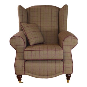 Queen Anne Wing Back Cottage Fireside Chair Bamburgh Brown and Purple Check with matching Footstool image 7