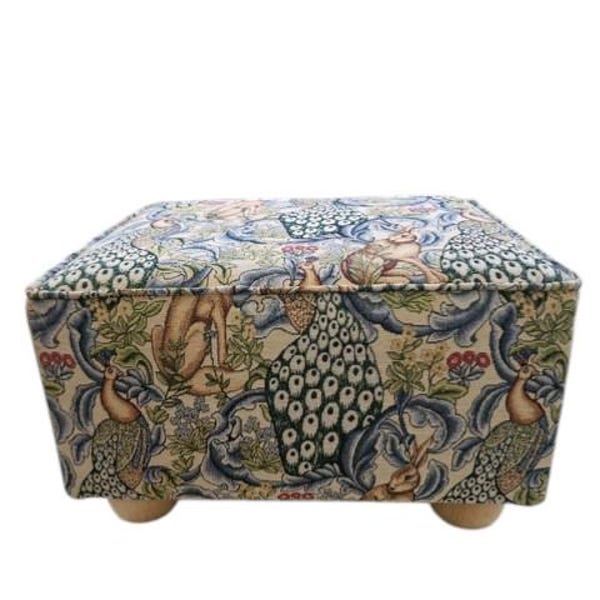 William Morris Hares Tapestry Footstool: Handmade Natural Wood Bun Feet