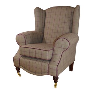 Queen Anne Wing Back Cottage Fireside Chair Bamburgh Brown and Purple Check with matching Footstool image 8