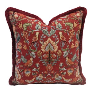 William Morris Tapestry Cushion: Red Birds Accent Pillow, Handmade