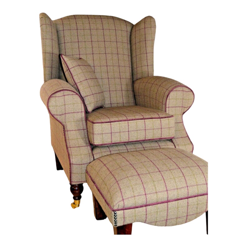 Queen Anne Wing Back Cottage Fireside Chair Bamburgh Brown and Purple Check with matching Footstool image 1