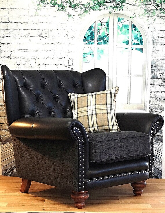 Large Arm Chair Black Pu Leather And Grey Fabric With Stunning Etsy
