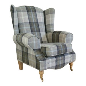 Queen Anne Wing Back Cottage Fireside Chair in Balmoral Oxford Blue Tartan Check Fabrc - Natural Light Wood Brass Castor Legs