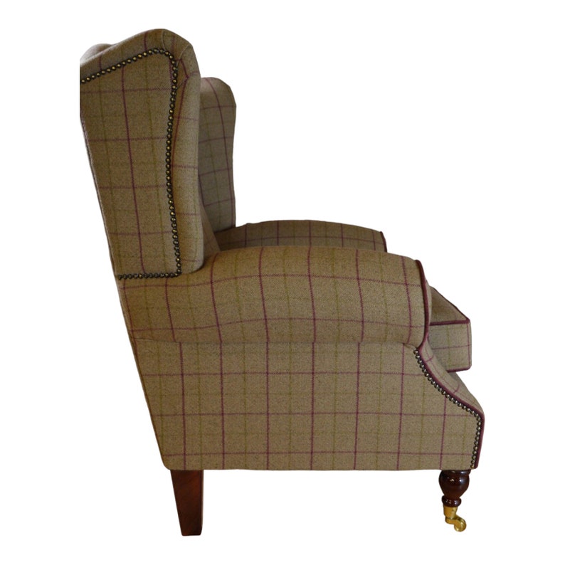 Queen Anne Wing Back Cottage Fireside Chair Bamburgh Brown and Purple Check with matching Footstool image 6