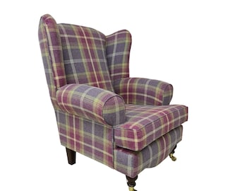 Queen Anne Wing Back Cottage Chair Balmoral Amethyst Tartan - with T-Cushion Seat Dark Wooden Brass Castor Legs