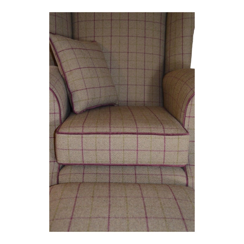 Queen Anne Wing Back Cottage Fireside Chair Bamburgh Brown and Purple Check with matching Footstool image 4