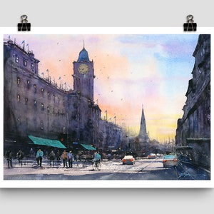 Edinburgh Sunset Original Signed Watercolor Street Scene Painting Will Elliston Scotland Wall Art Print Cityscape Painting Urban Landscape
