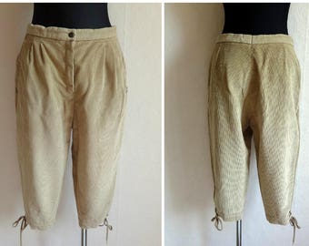 Vintage Corduroy Light Brown Beige Capri Pants Midi Pants Tied Bottoms Fashion 80s 90s Women's Pants Large Size  High Waist Capris