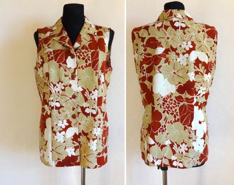 Vintage Brown Floral Buttons Down Tank Top Sleeveless Top Summer Clothing Women's Vintage 90s 80s Top Flowers Print Fabric