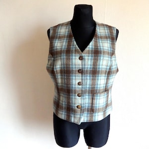 Vintage Brown & Blue Checkered Vest Wool Blend Clothing Plaid Waistcoat Warm Vest Women&#39;s 90s Clothing Full Lining