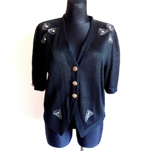 Vintage Verschönerte Schwarz Silber Strickjacke Ellenbogen Ärmel Goldene Metallic Knöpfe Damen Formelle Strickjacke Vintage Kleidung