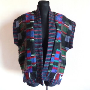 Vintage 80s Colorful Wool Vest Open Front Unisex Large Size Vest Warm Clothing Checkered Striped Vest Full Lining  2 Side Pockets