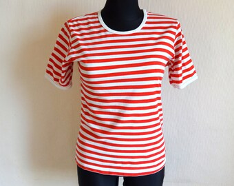 Marimekko Women's  Red & White Striped T- Shirt Cotton Jersey Tee Summer Top Nautical Tee Marimekko Finnish Top Vintage Marimekko T Shirt