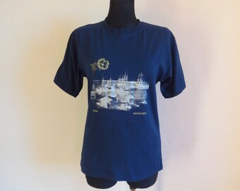 Marimekko Dark Blue Kotka Print T Shirt Women's Marimekko Tee Cotton Jersey Tee City Print Tee Vintage Top Marimekko Top Everyday Clothing