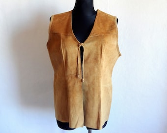 Vintage Suede Leather Women's Vest Open Front Tied Vest Leather Waistcoat Vintage 90s Vest Hipster Clothing Neutral Brown Color Vest