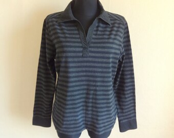 Marimekko Black & Dark Gray  Striped Top V Neck Top Long Sleeve Cotton Jersey Top Vintage Finnish Clothing Comfy Top Size XL