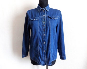 Vintage  90s Dark Blue Embroidered Denim Shirt Women's Jean Shirt Drindl Style Shirt Buttons Down Size S Women's Denim Blouse