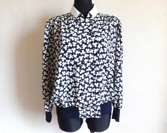Vintage Dark Blue & White Clovers Print Blouse Double Breasted Revomable Collar Long Sleeve Blouse Buttons Closure Everyday Blouse