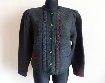 Vintage Austrian Knitted Wool Drindl Cardigan Dark Red Blue  Gray Buttons Down Warm Women's  Pure Wool  Cloting