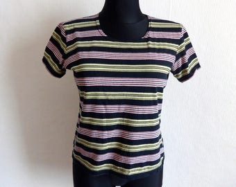 MARIMEKKO Striped Black Yellow Pink T- Shirt Women's Tee Cotton Jersey Marimekko Clothing Comfortable Clothing Marimekko Designs S Size