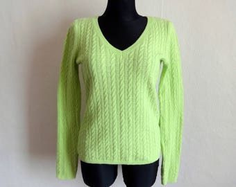 Salad Green Cable Knit Jumper Vintage 90s Women's Sweater V Neck Long Sleeve Everyday Clothing Soft Warm  Jumper M Size