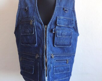 Chaleco vaquero vintage para hombre, con múltiples bolsillos, de gran tamaño, azul oscuro, ropa de uso diario para hombre, con cierre de cremallera