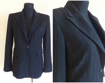 Marella de Max Mara Vintage Negro Femenino Blazer Vertical Rayado Blazer Un Botón Cierre Lana Mezcla Blazer Hecho en Italia USA 4 Tamaño