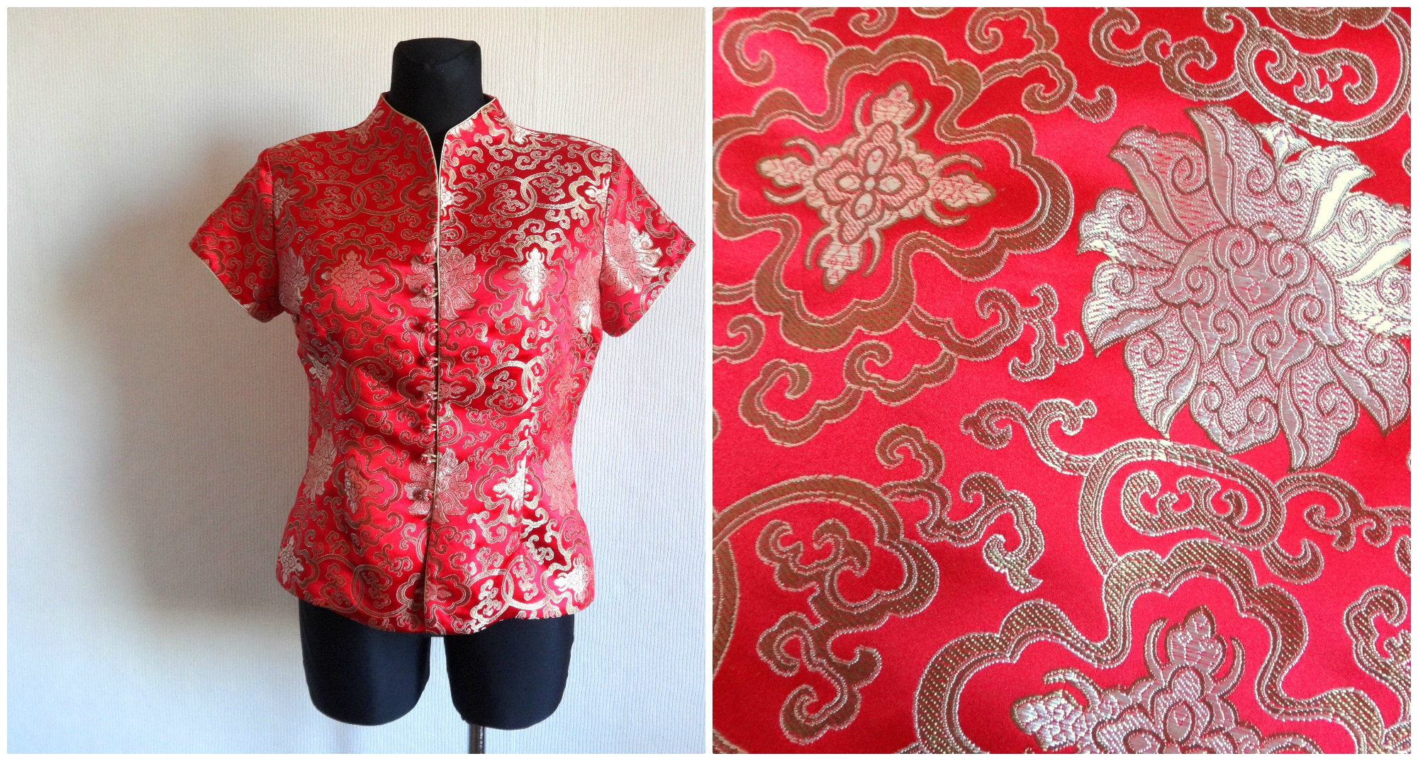 ファッション・ブランド Vintage Clothes / Silk Tee Vintage Chinese Japanese Red & Golden Silk Top Embroidered