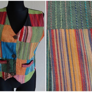 Vintage Women&#39;s Patchwork Colorful Vest Cotton Waistcoat Hippie Hipster Clothing Everyday Vest Buttons Closure Made in Nepal L Size