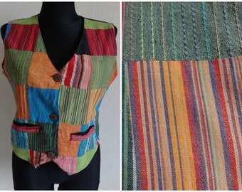 Vintage Women's Patchwork Colorful Vest Cotton Waistcoat Hippie Hipster Clothing Everyday Vest Buttons Closure Made in Nepal L Size