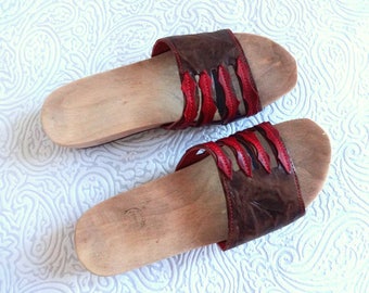 Vintage Slip  Ons Sandals Wood Leather Shoes Low Heel Platform Shoes Brown Red Open Toe and Heel Women's Shoes 37 EUR US 7 UK 5