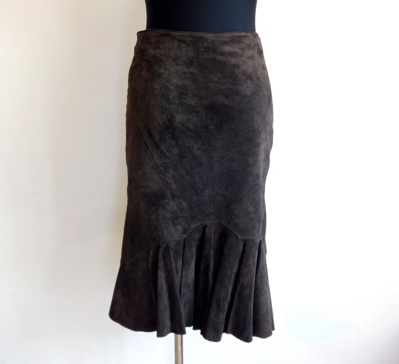 Vintage Dark Brown Suede Skirt Frilled Bottom Midi Skirt Side - Etsy