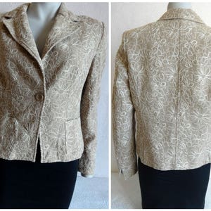 Claudia Sträter Linen Blazer Embroidered Flowers Light Brown & White Vintage Women&#39;s Clothing  Floral  Padded One Button Blazer 42 EUR