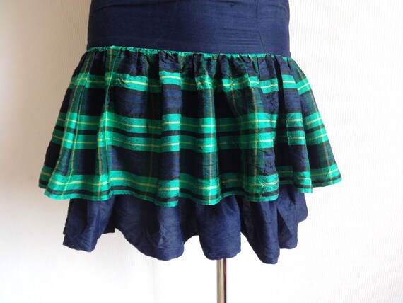 Vintage Dark Blue & Green Checkered Silk Mini Dre… - image 2