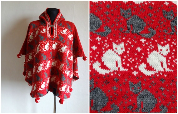 Vintage Knitted Cats Hooded Poncho Pom Pom Poncho