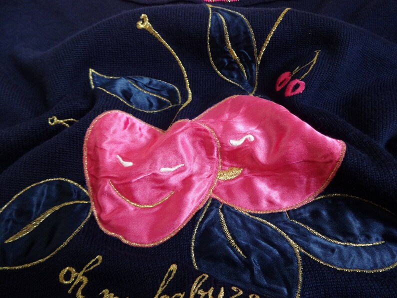 Vintage Sweater With Cherries Embellished Jumper Fashion 80s 90s Women/'s Clothing Dark Blue Pink Golden Metallic Thread