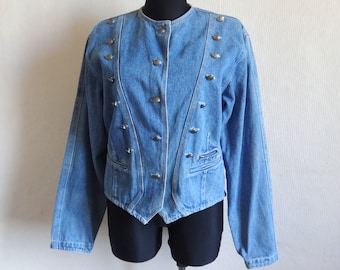 Vintage Triple Breasted Denim Jacket Women's Blue Denim Jacket Spring Summer Clothing Collarless Jacket Long Sleeve Size 42/16