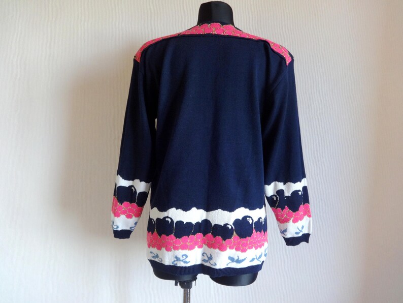 Vintage Sweater With Cherries Embellished Jumper Fashion 80s 90s Women/'s Clothing Dark Blue Pink Golden Metallic Thread