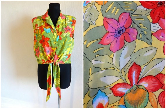 Vintage colorido atado camiseta sin mangas verano sin mangas camiseta brillante ropa botones cierre impreso flores vintage ropa floral top tamano40 Etsy Espana