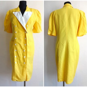 Vintage Mondi Yellow & White Midi Dress Front Pockets Double Breasted Vintage 80s 90s Clothing Linen Blend Dress Buttons Closure Size 38