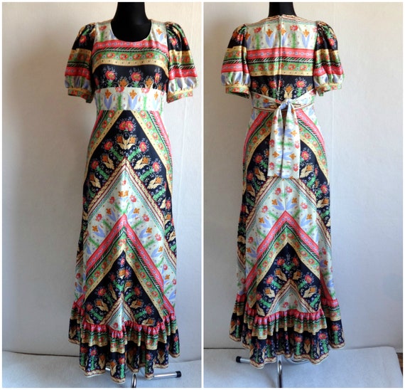 Vintage 80s Floor Length Floral Dress Maxi Gypsy B