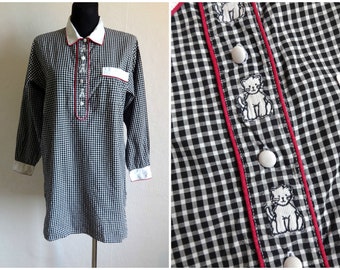 Camicetta decorata con gatti bianchi e neri a quadretti vintage Camicia in cotone scozzese a maniche lunghe Camicetta da donna per tutti i giorni Camicia con chiusura a bottoni anni '90