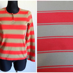 Marimekko Striped brown & Red Cotton Jersey Top Wide Stripes Push Buttons Closure Tee Women&#39;s Top Marimekko Clothing S Size Comfy Top