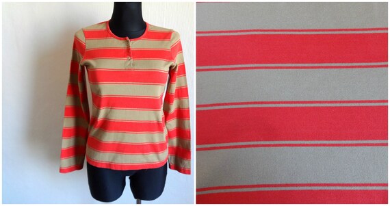 Marimekko Striped Brown & Red Cotton Jersey Top Wide Stripes Push