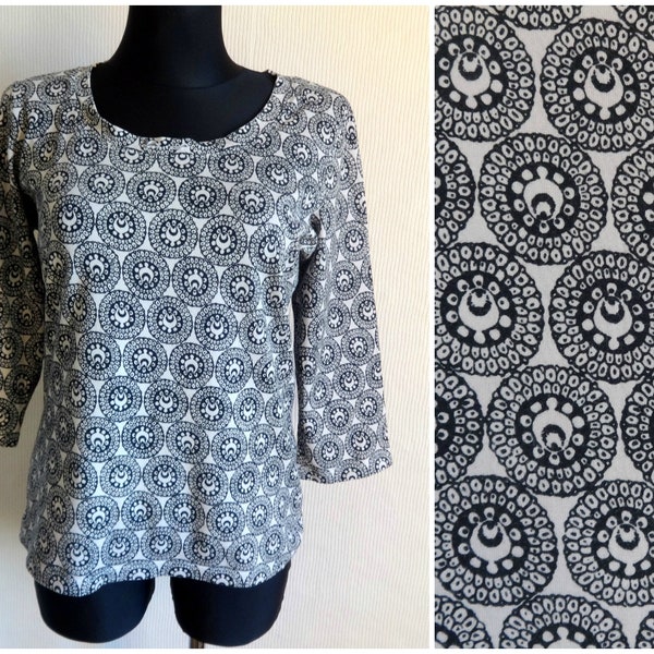 Marimekko Abstract Print Gray & Black Top 3/4 Sleeve Cotton Jersey Vintage Shirt Women's Clothing Marimekko Designs Summer Top L Size