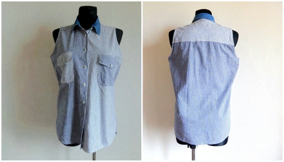 Vintage Blue & White Checkered Striped Top Sleeve… - image 1