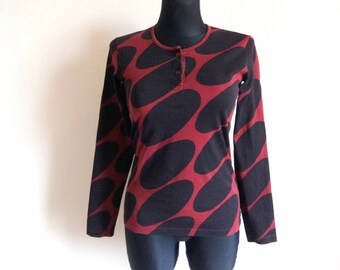 MARIMEKKO Abstract Print Shirt Brown & Black Cotton Jersey Top Marimekko Clothing Women's Clothing Long Sleeve XS Size Top